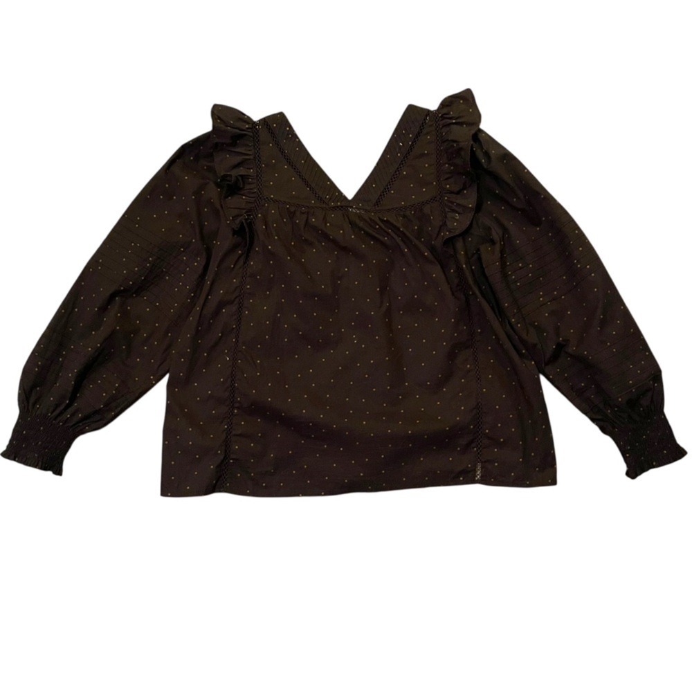 Madewell Voile Ruffled Pintuck L/S Cotton Top Black Polka Dot Print Size M NWOT - Picture 10 of 12